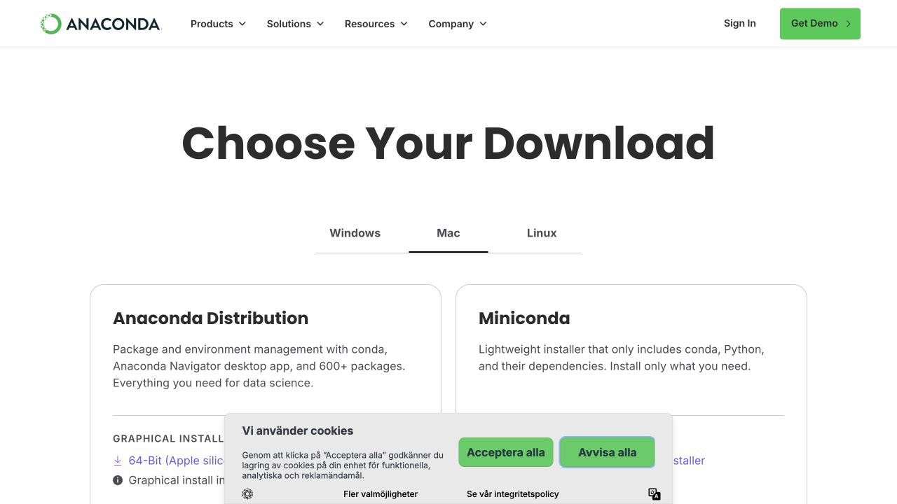 Anacondas sida Choose Your Download med flikarna Windows, Mac och Linux.