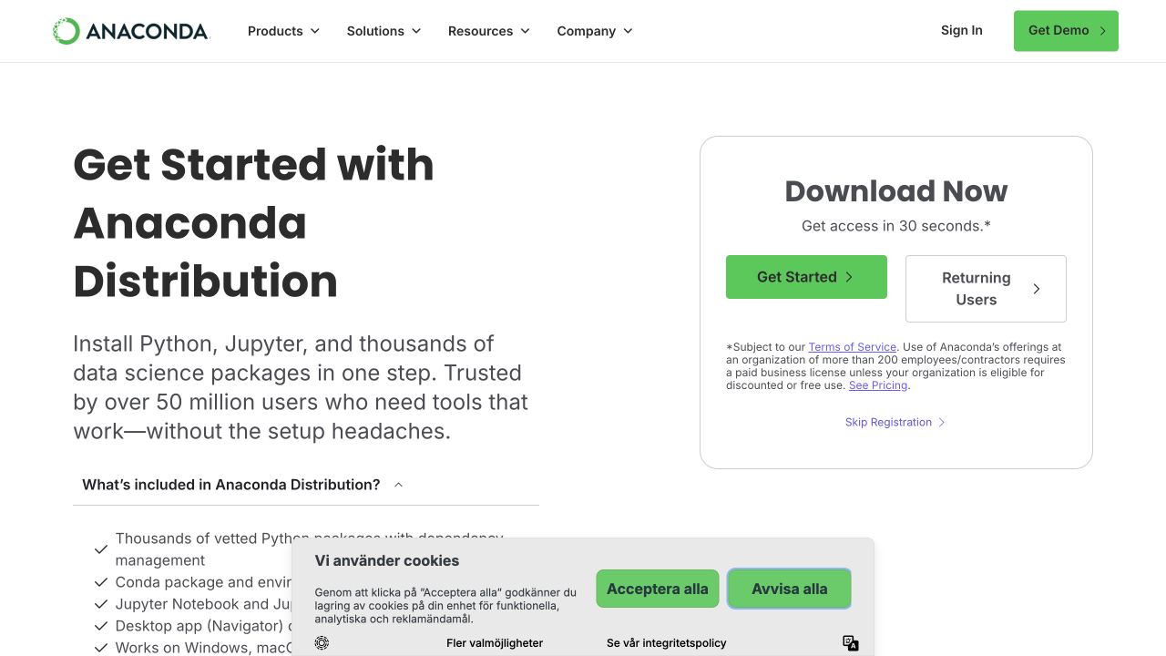 Anacondas nedladdningssida med alternativen Get Started, Returning Users och Skip Registration.