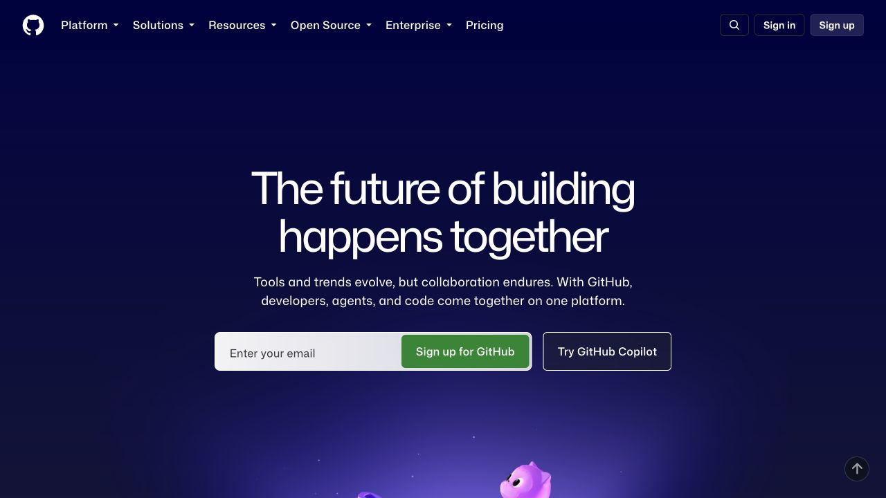 GitHubs startsida med fält för e-post och knappen Sign up for GitHub.