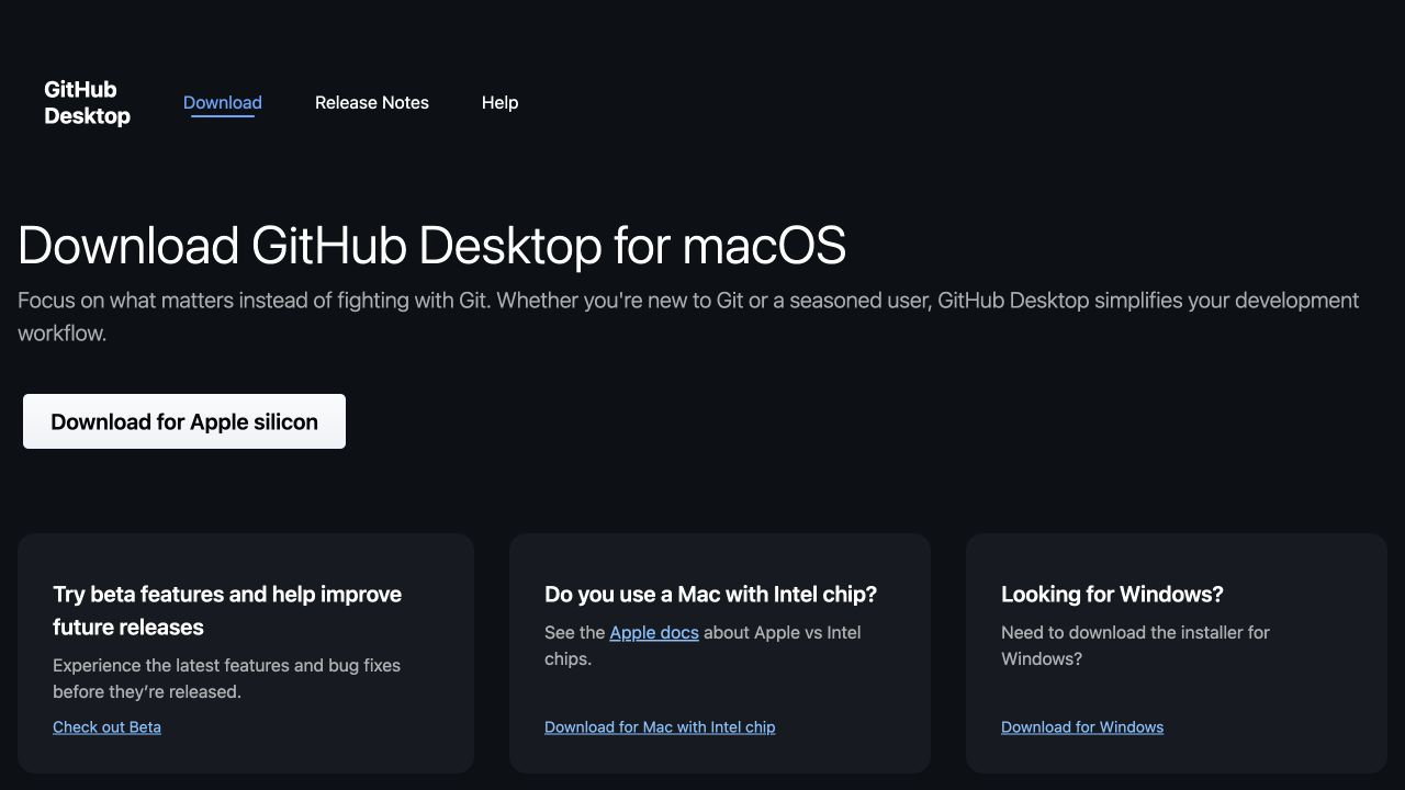 GitHub Desktops nedladdningssida med val för Apple silicon, Intel Mac och Windows.