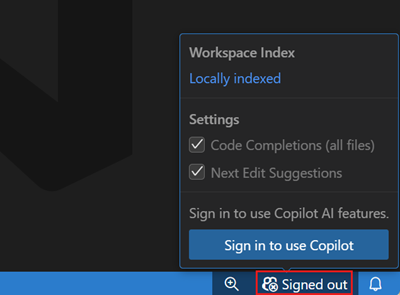 Copilot-menyn i VS Code visar alternativet Sign in to use Copilot.