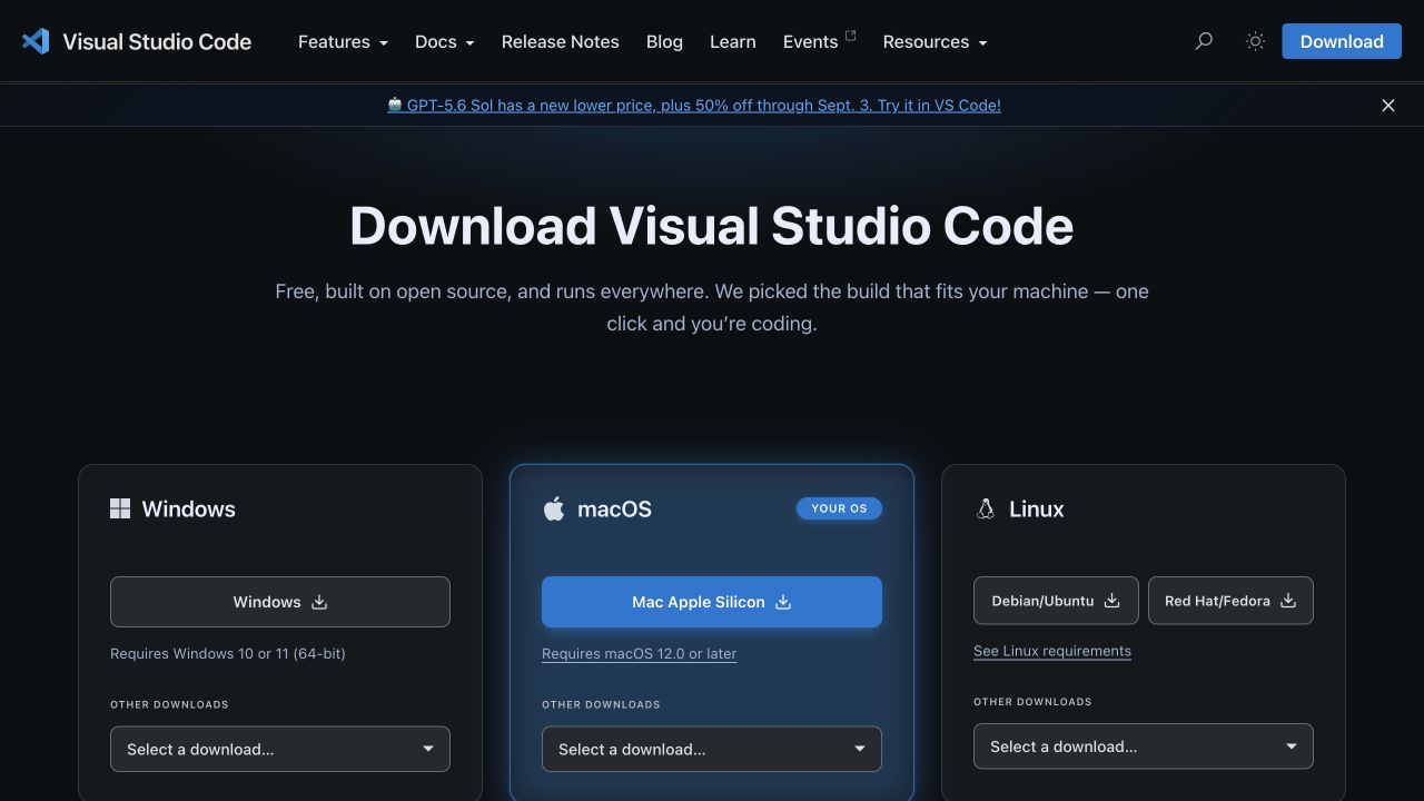 Visual Studio Codes nedladdningssida med val för Windows, macOS och Linux.