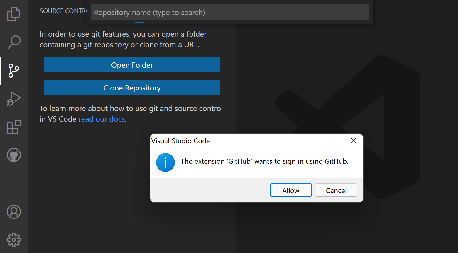 VS Code visar en dialog för autentisering mot GitHub med knappen Allow.