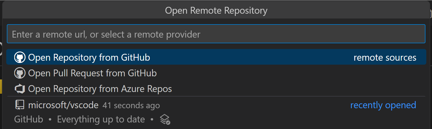 VS Code visar en lista med GitHub-repositories som kan öppnas på distans.