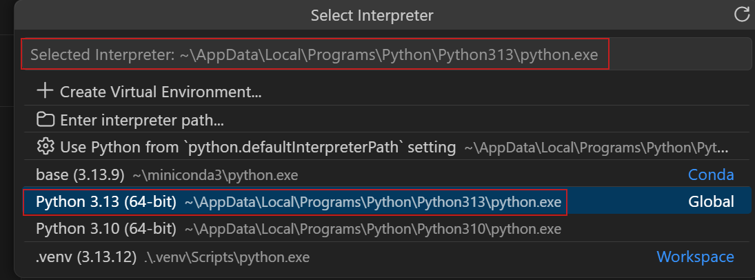 VS Code visar listan Select Interpreter med miljöer från bland annat conda.